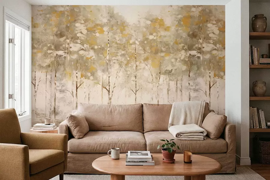 Fotobehang Gestileerd bos met slanke bomen in warme tinten w05221