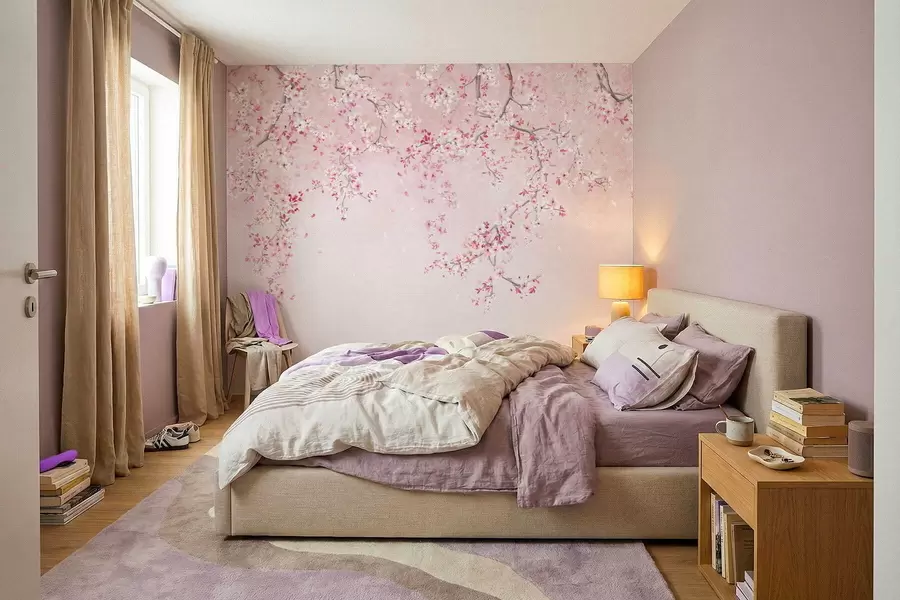 Fotobehang Takken met roze bloesems op een zachte pastelkleurige achtergrond w05129v1