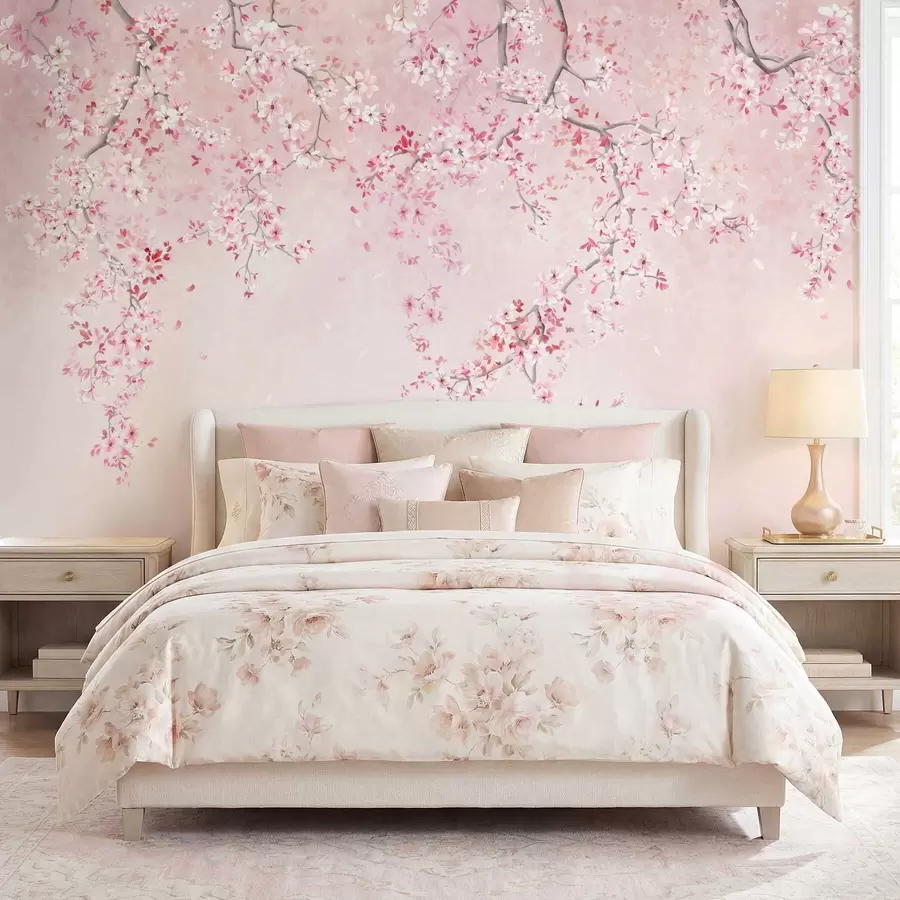 Fotobehang Takken met roze bloesems op een zachte pastelkleurige achtergrond w05129v1