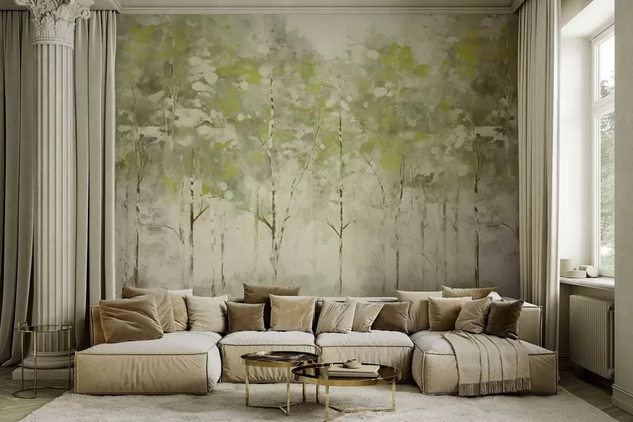 Fotobehang Gestileerd bos met slanke bomen in groene tinten w05221v1