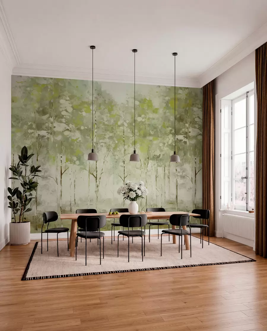 Fotobehang Gestileerd bos met slanke bomen in groene tinten w05221v1