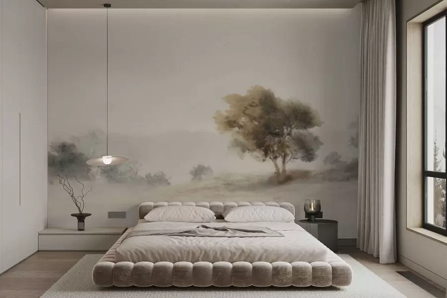 Fotobehang Minimalistisch landschap met een eenzame boom in de mist w05223