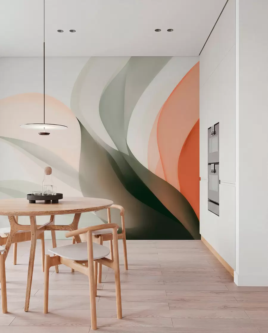 Fotobehang Abstracte pastelkleurige golven in oranje en groene tinten w09718