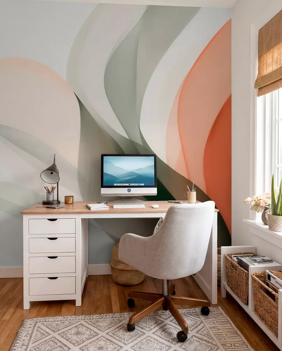 Fotobehang Abstracte pastelkleurige golven in oranje en groene tinten w09718