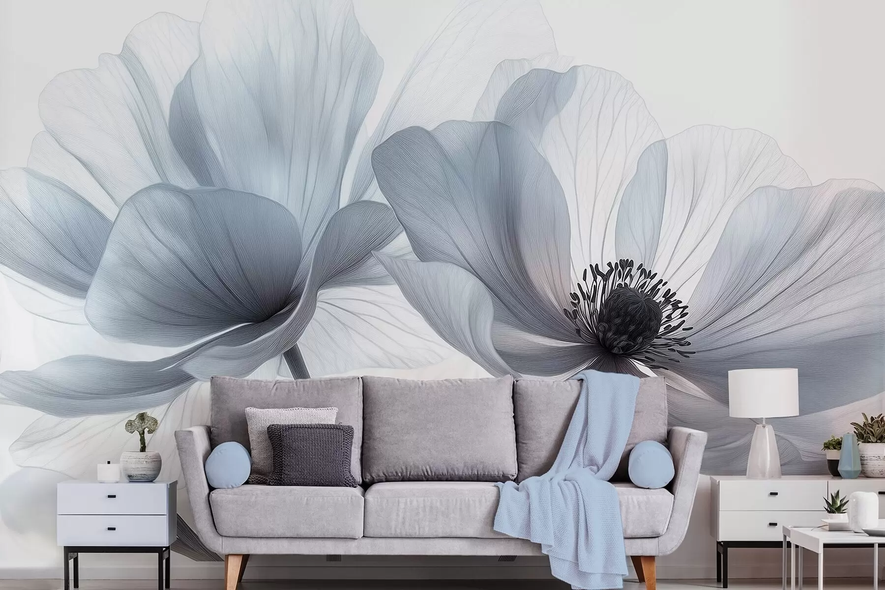 Fotobehang Doorschijnende blauwachtig witte bloemen op een lichte achtergrond w09720