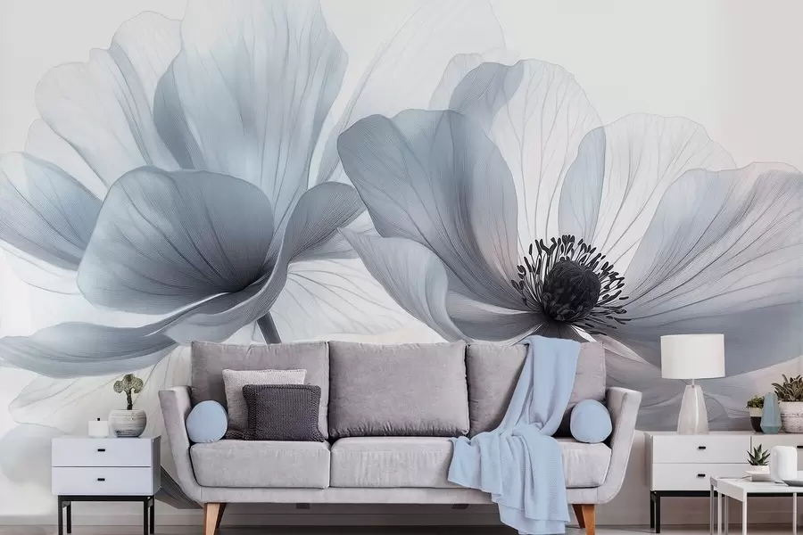 Fotobehang Doorschijnende blauwachtig witte bloemen op een lichte achtergrond w09720