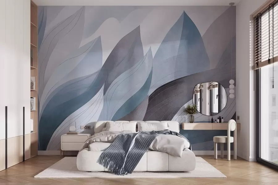 Fotobehang Abstracte bladeren, gedempte aardetinten van blauw met delicate lijndetails, zachte aquareltextuur w09736v1
