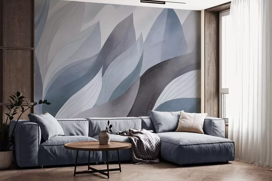 Fotobehang Abstracte bladeren, gedempte aardetinten van blauw met delicate lijndetails, zachte aquareltextuur w09736v1