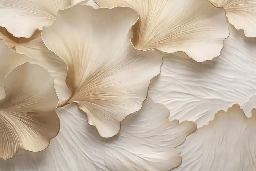 Fotobehang Getextureerde, beige en witte ginkgobladeren met delicate organische print w09741