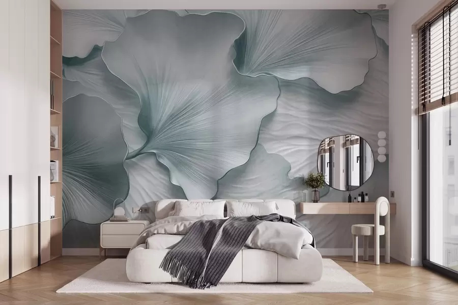 Fotobehang Getextureerde, blauw-witte ginkgobladeren met delicate organische print w09741v1