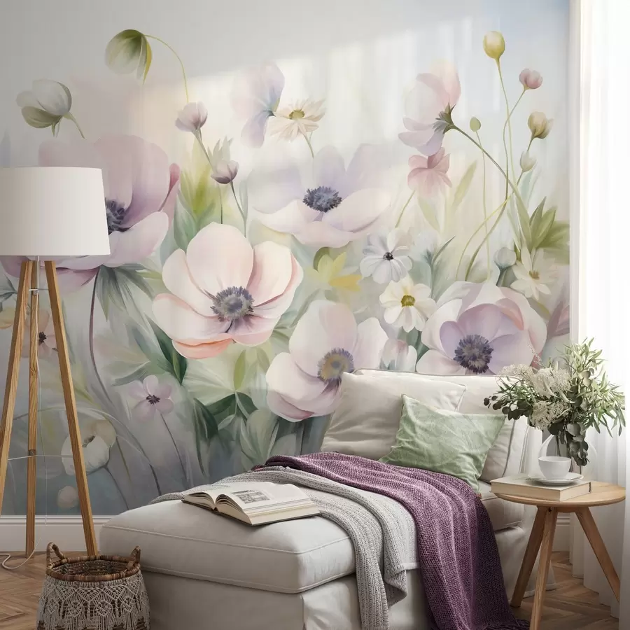 Fotobehang Een veld met pastelroze en witte anemonen, groen blad en kleine witte madeliefjes w09742