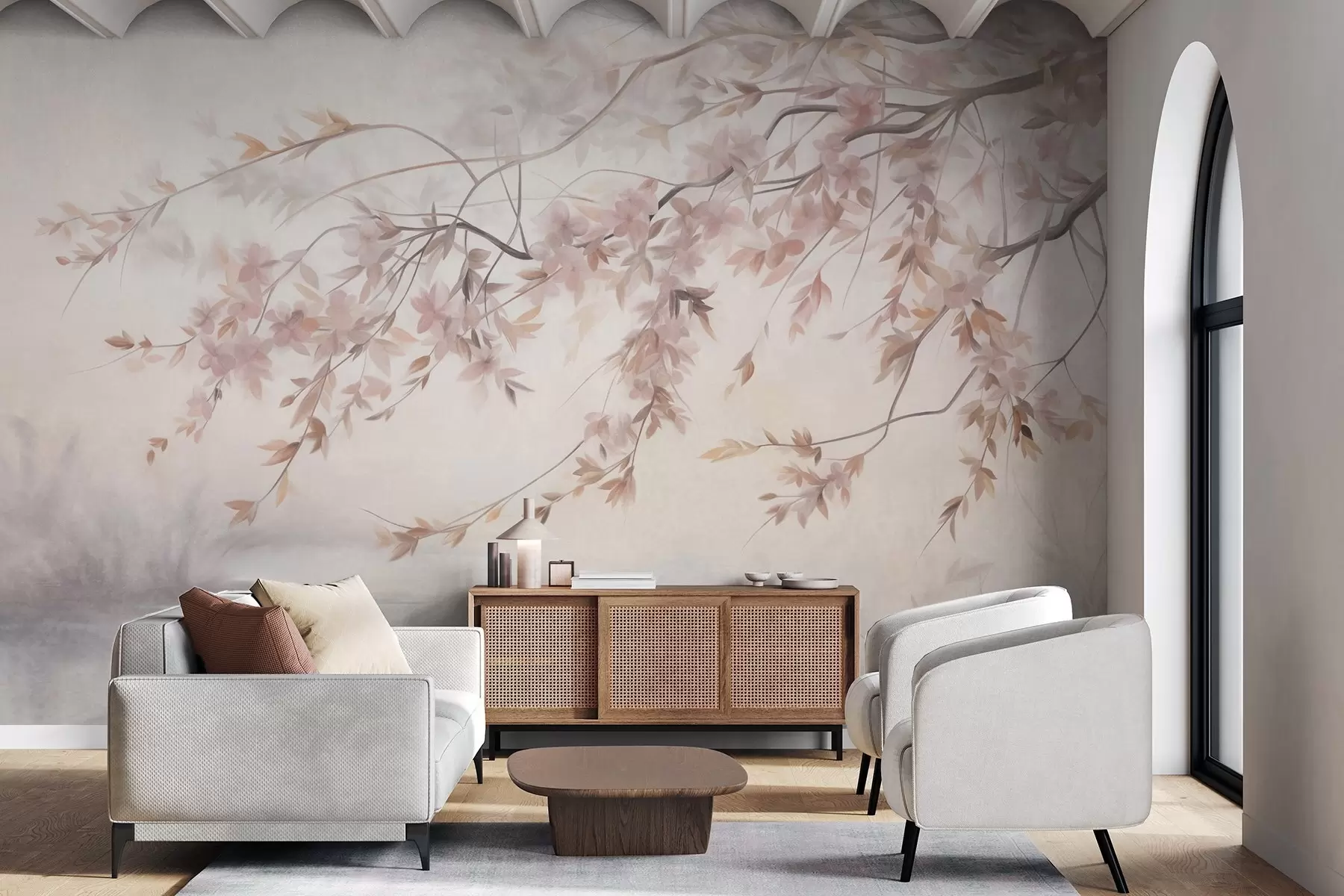 Fotobehang Getextureerd landschap met kersenbloesemtak, roze bladeren, zachte, mistige achtergrond w09743