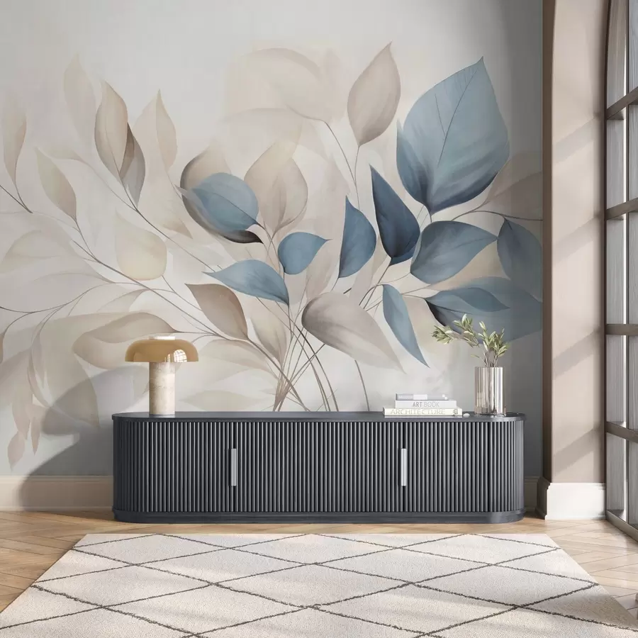 Fotobehang Abstracte doorschijnende bladeren in blauw-, beige- en crèmekleuren, kunst met textuur w09744