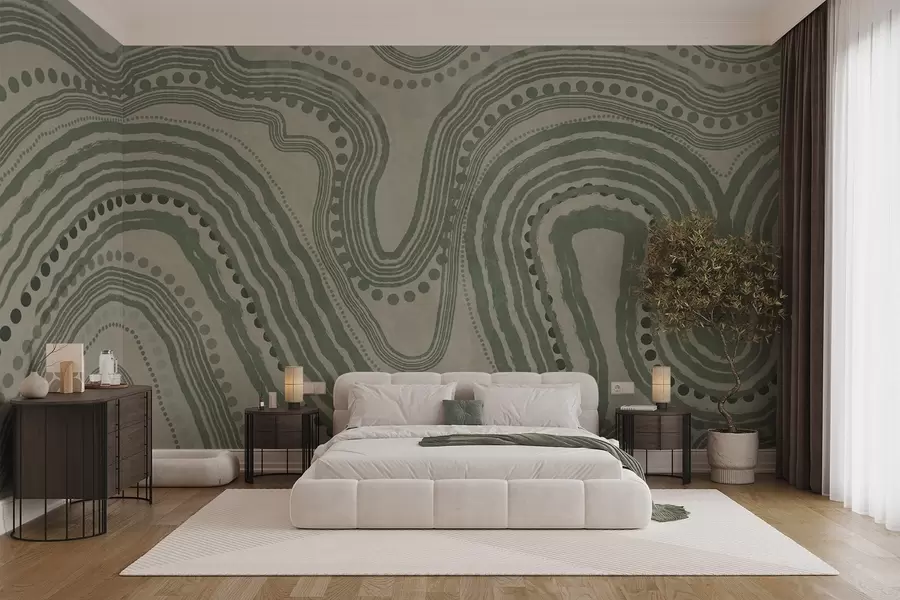 Fotobehang Abstracte groene en beige golvende lijnen en stippen, moderne kunst met textuur w09747
