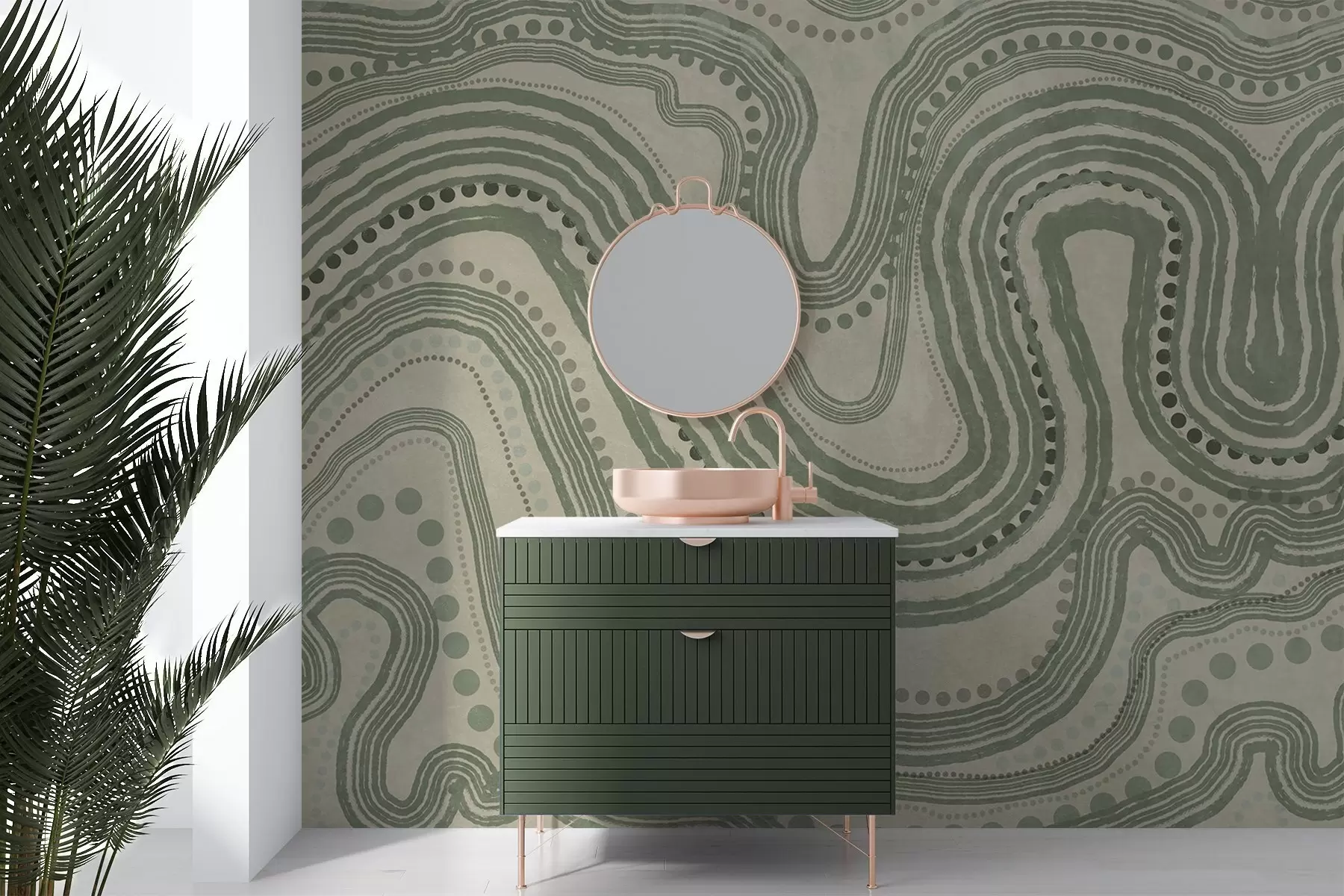 Fotobehang Abstracte groene en beige golvende lijnen en stippen, moderne kunst met textuur w09747