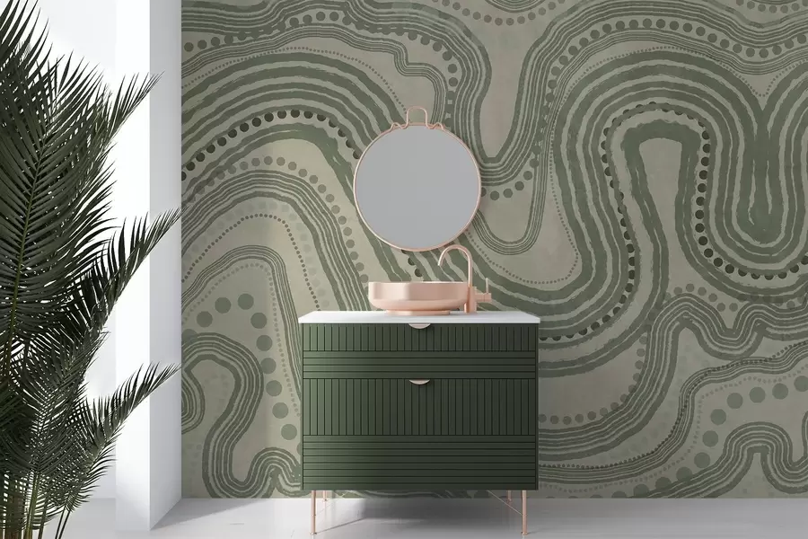 Fotobehang Abstracte groene en beige golvende lijnen en stippen, moderne kunst met textuur w09747