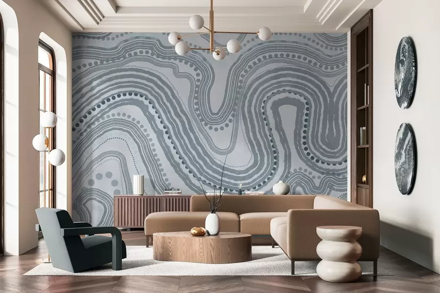 Fotobehang Abstracte blauwe golvende lijnen en stippen, moderne kunst met textuur w09747v3