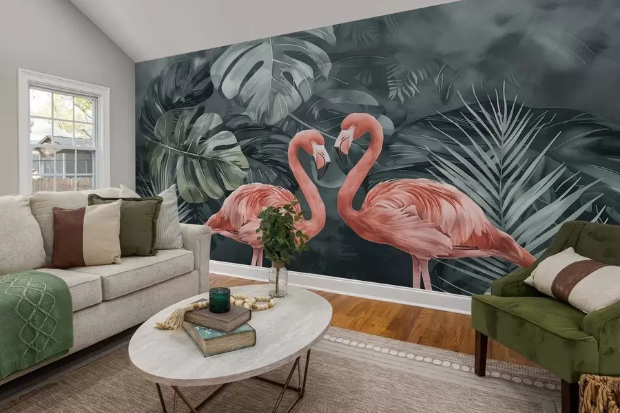 Fotobehang Een paar flamingo's tussen tropische planten w09687