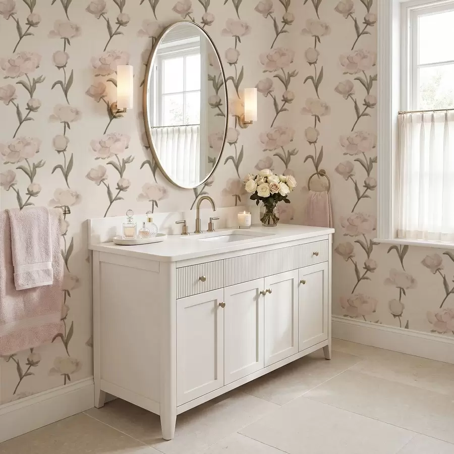 Fotobehang Zachtroze pioenrozen op lichte achtergrond a01114