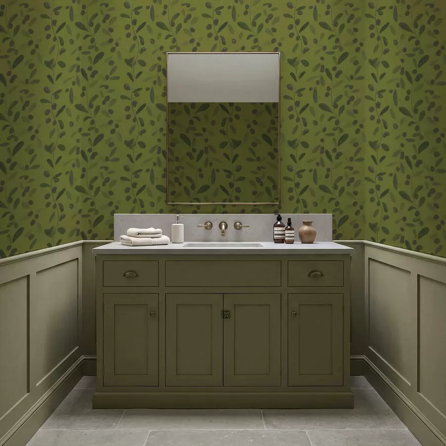 Fotobehang Groene takken met bladeren en bessen op olijfboom a01113