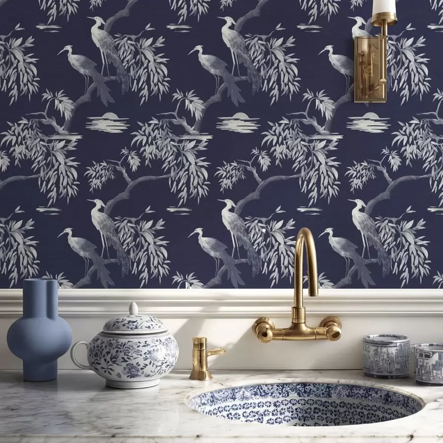 Fotobehang Vogels op tak op donkerblauwe achtergrond a01116v1