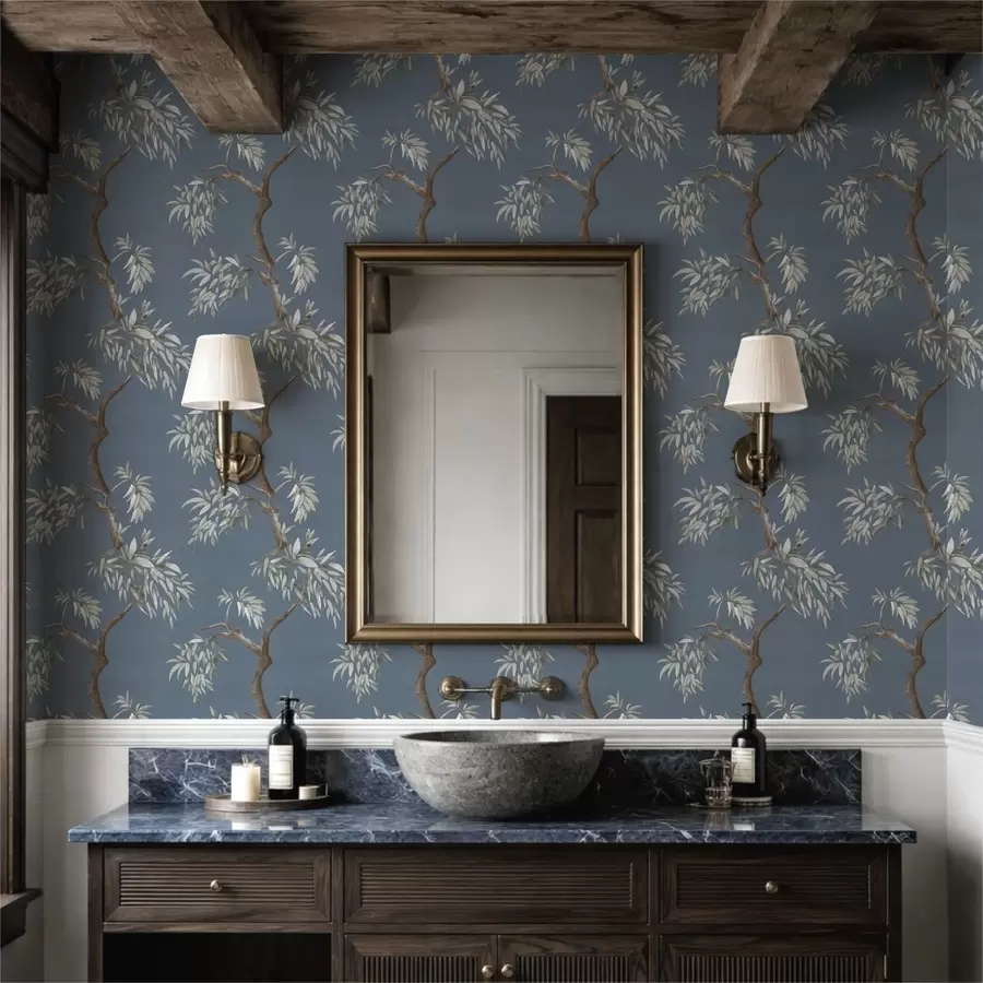 Fotobehang Boomtak met bladeren op blauwe achtergrond a01117