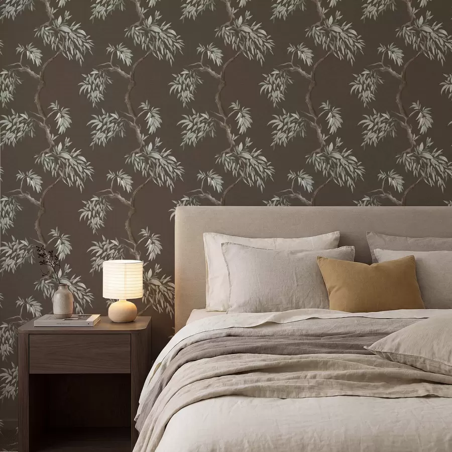 Fotobehang Boomtak met bladeren op bruine achtergrond a01117v3