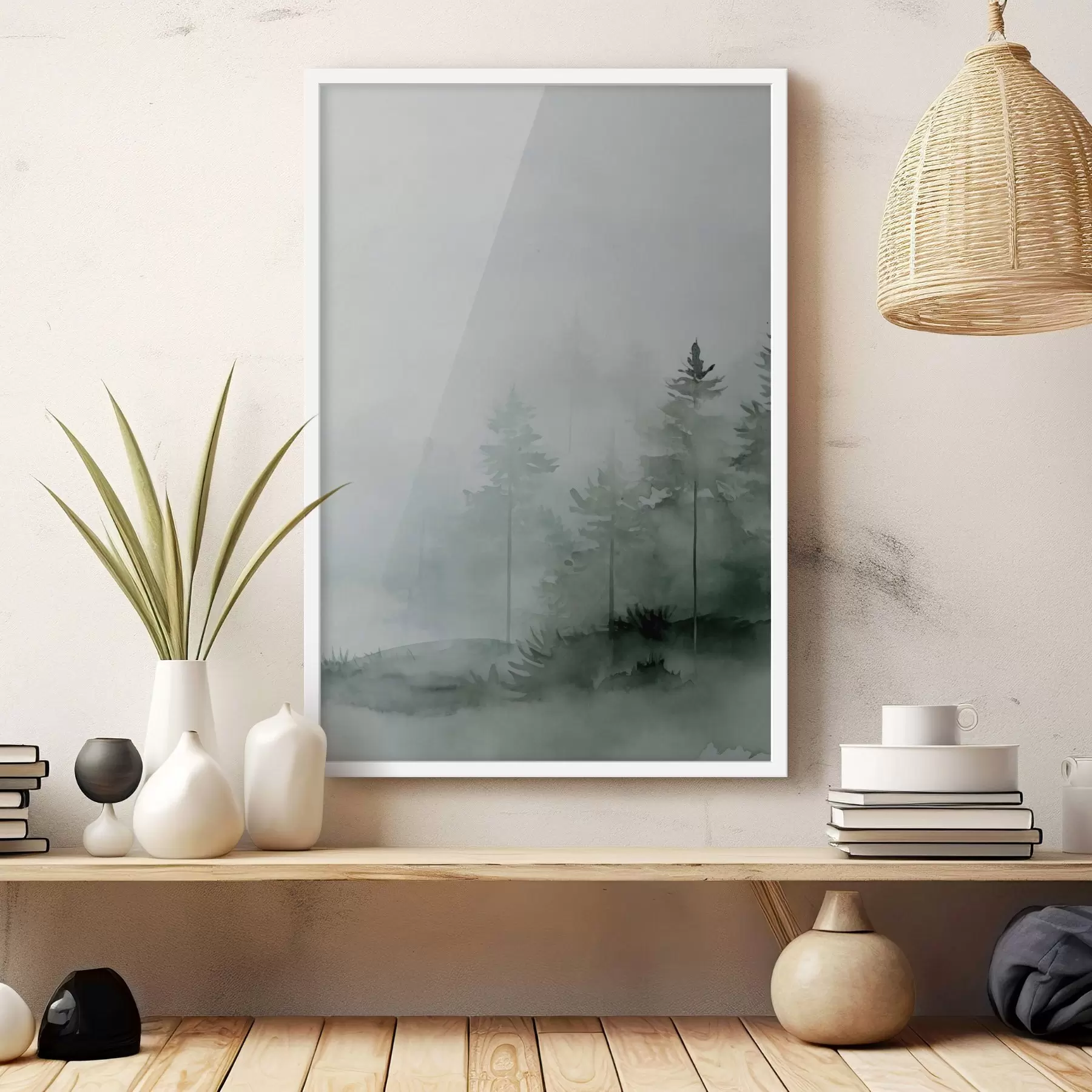 Fotobehang Dennenbomen in het bos, imitatie aquarel f47998