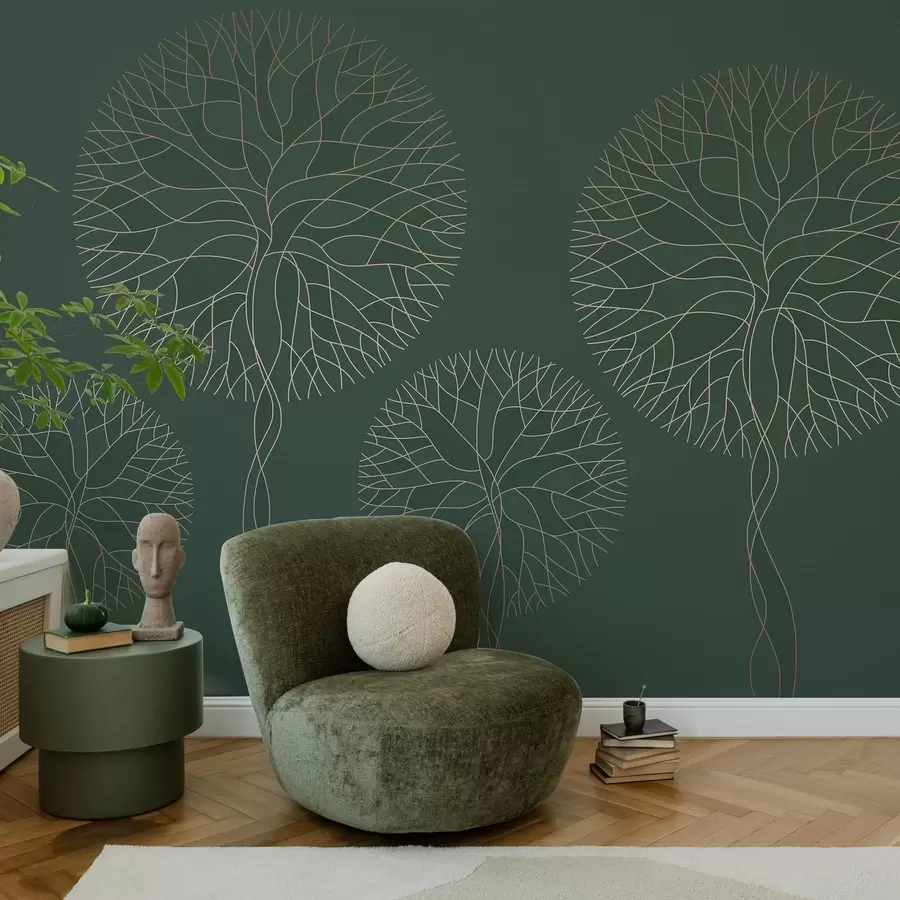 Fotobehang Fantastische lineaire bomen met weelderige kronen in elegante donkergroene tinten w05213v2