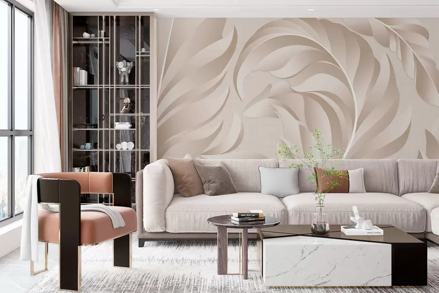 Fotobehang grote gevederde veren in beige en poederkleuren w05231