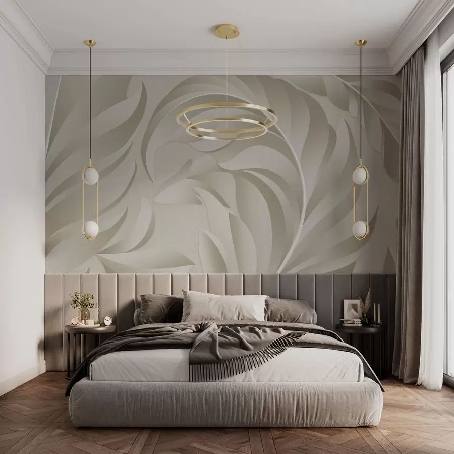 Fotobehang grote gevederde veren in beige en olijfgroene tinten w05231v1
