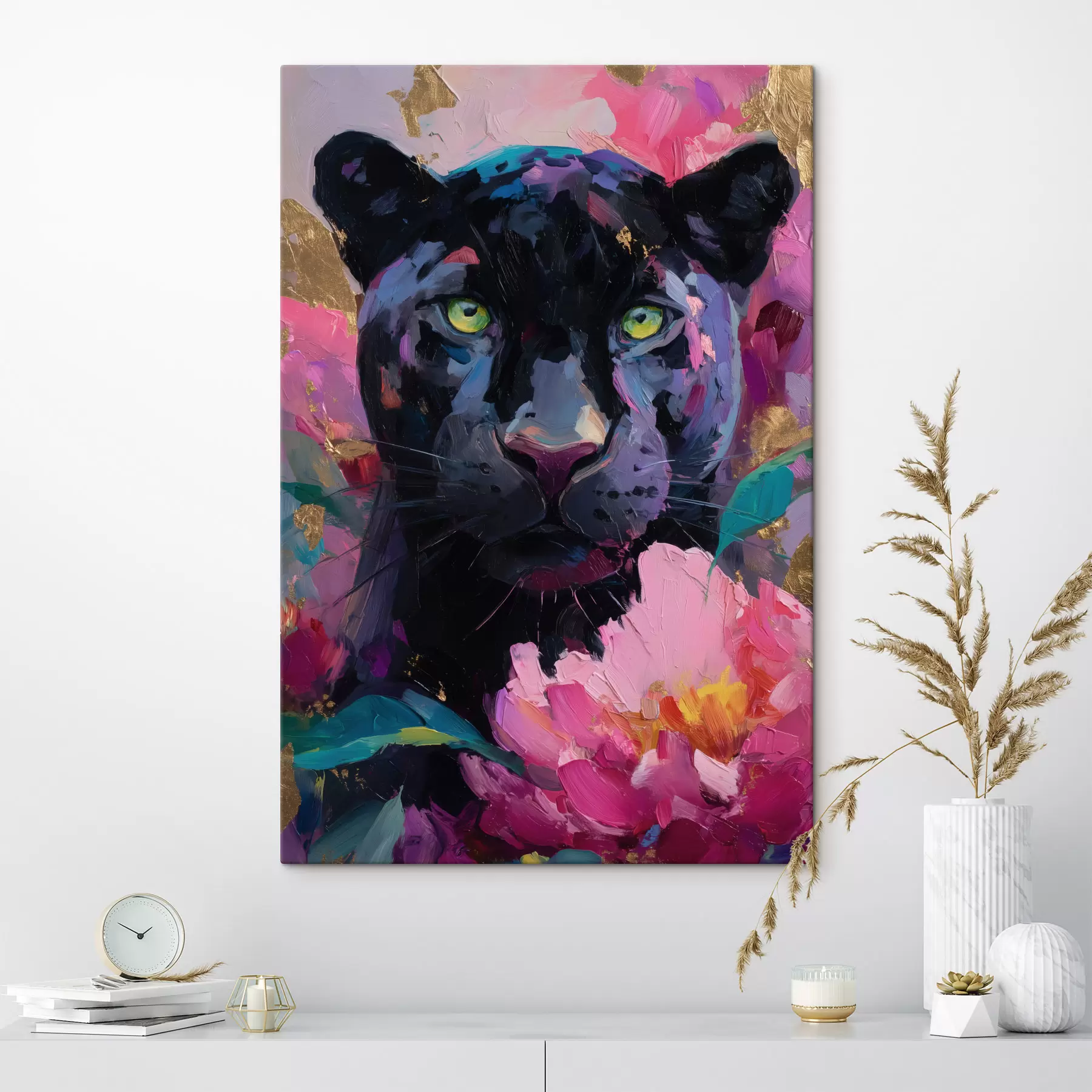  Schilderijen zwarte panter tussen pioenrozen s47935