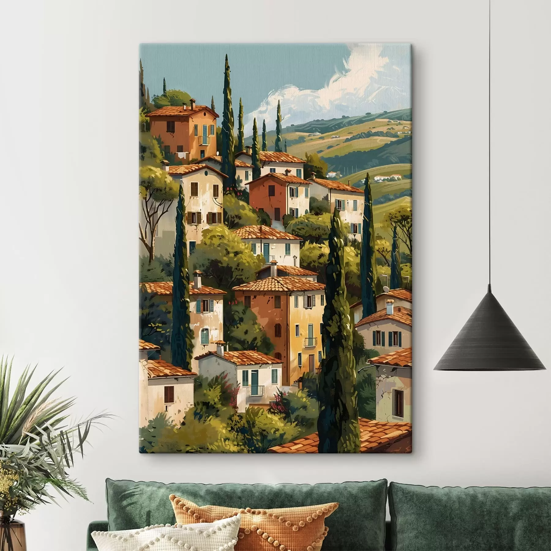  Schilderijen mediterraan dorpje op een heuvel, met warmgekleurde huizen met terracotta daken s47950