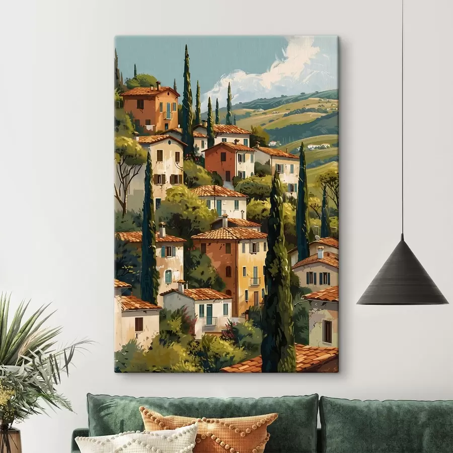  Schilderijen mediterraan dorpje op een heuvel, met warmgekleurde huizen met terracotta daken s47950