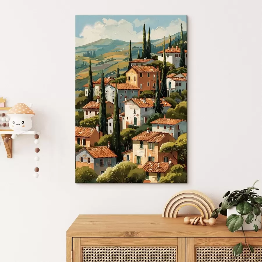  Schilderijen mediterraan dorpje op een heuvel, met warmgekleurde huizen met terracotta daken s47951