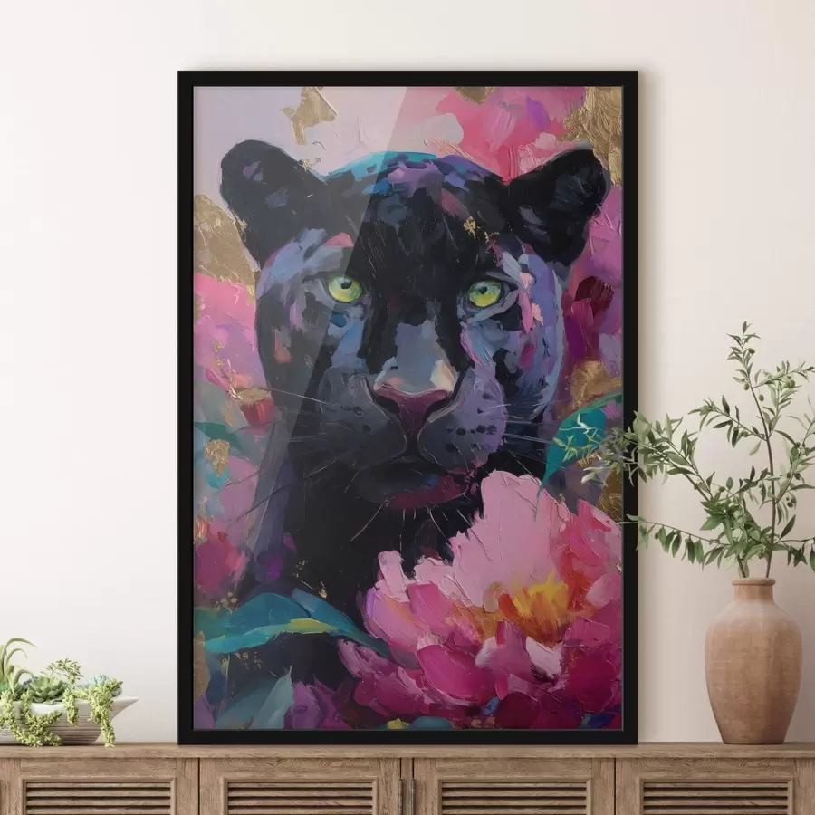Fotobehang zwarte panter tussen pioenrozen f47935