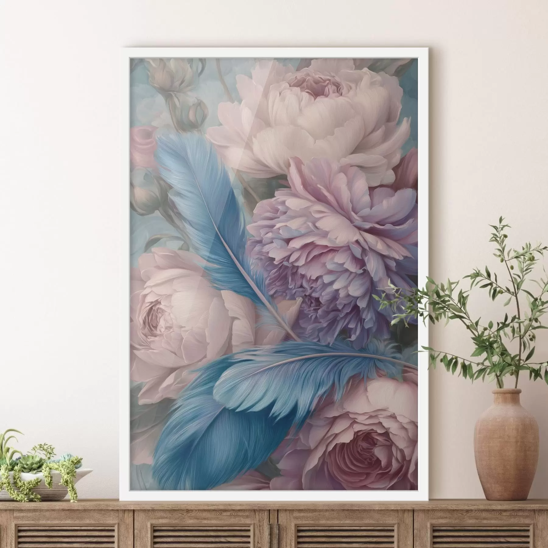 Fotobehang veren tussen pioenrozen f47939