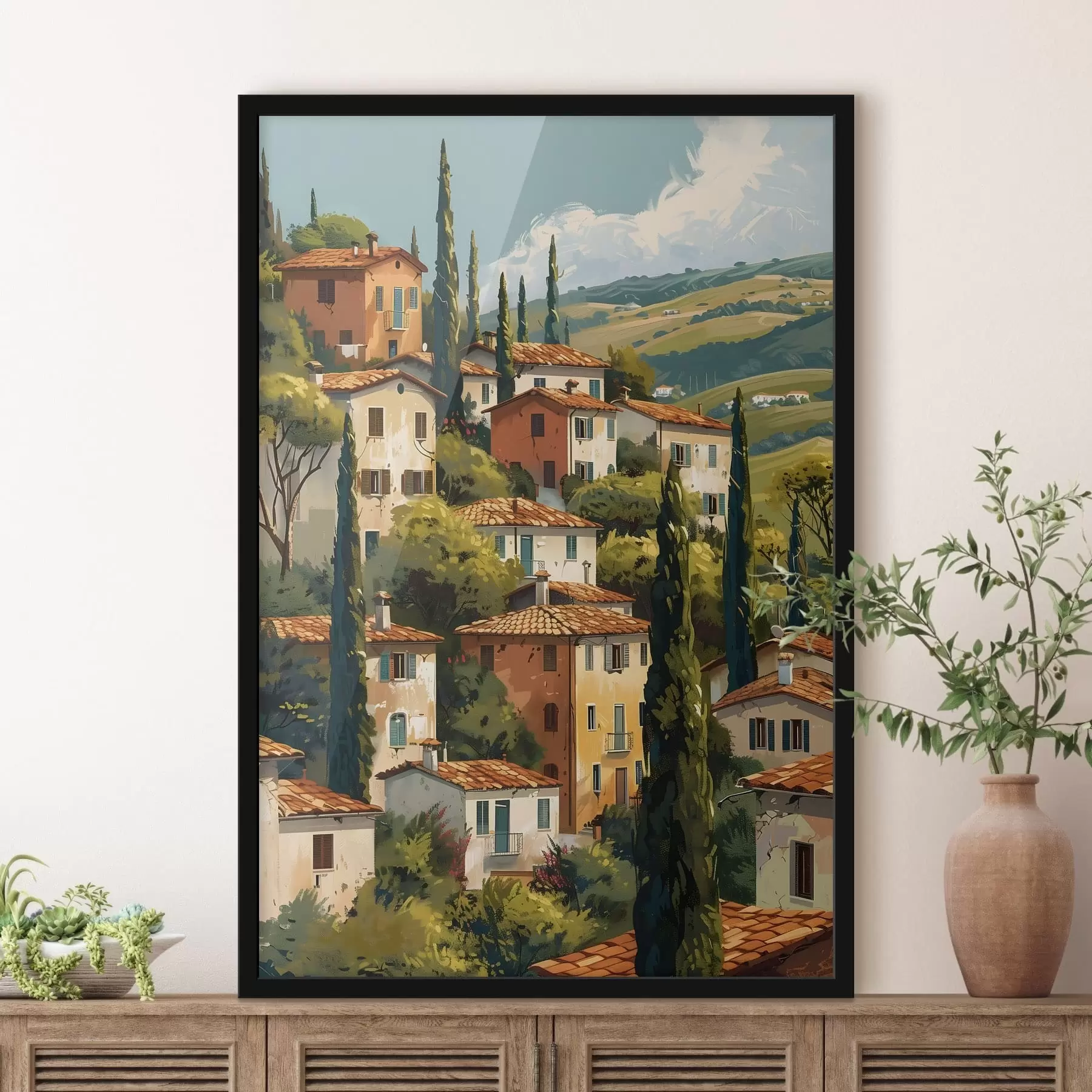 Fotobehang mediterraan dorpje op een heuvel, met warmgekleurde huizen met terracotta daken f47950