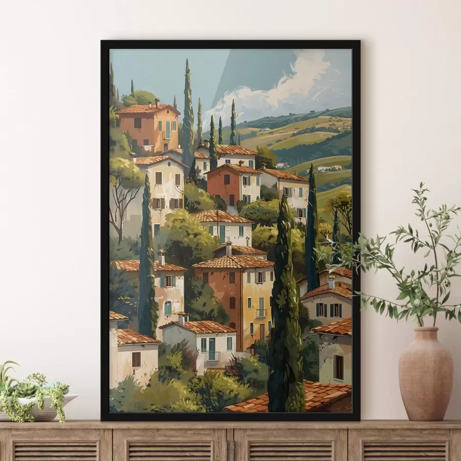 Fotobehang mediterraan dorpje op een heuvel, met warmgekleurde huizen met terracotta daken f47950