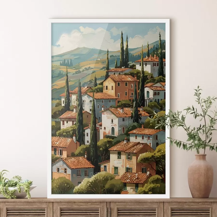 Fotobehang mediterraan dorpje op een heuvel, met warmgekleurde huizen met terracotta daken f47951