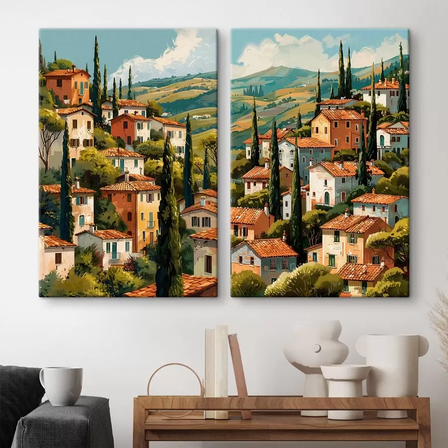 Fotobehang mediterraan dorpje op een heuvel, met warmgekleurde huizen met terracotta daken m30097