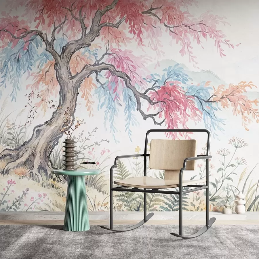 Fotobehang Geschilderde kleurrijke tuin op betonnen muur w05246