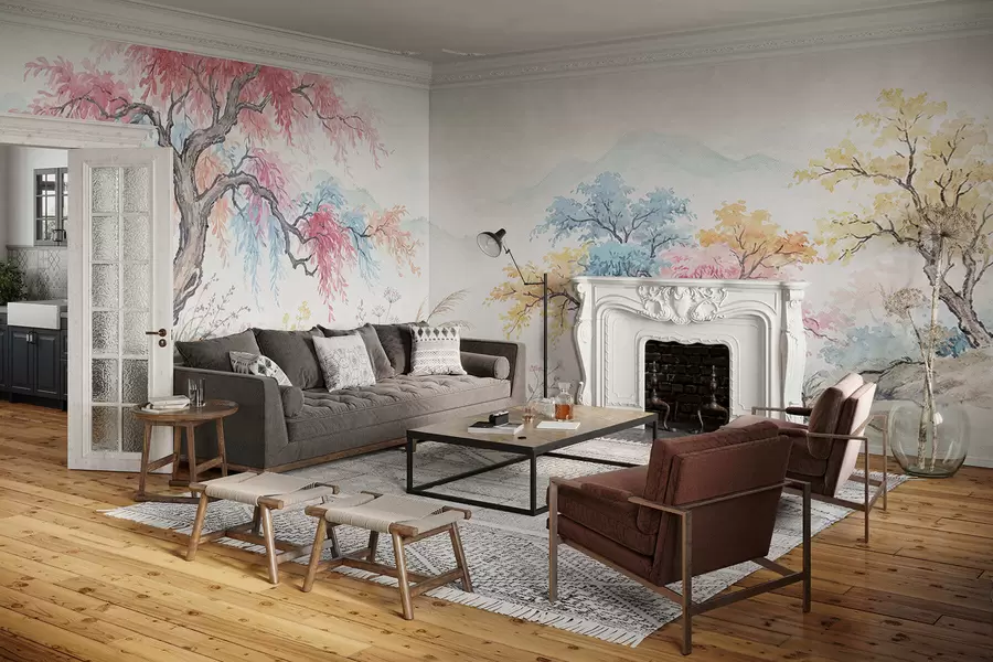 Fotobehang Geschilderde kleurrijke tuin op betonnen muur w05246