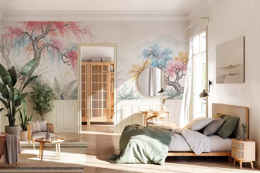 Fotobehang Geschilderde kleurrijke tuin op betonnen muur w05246