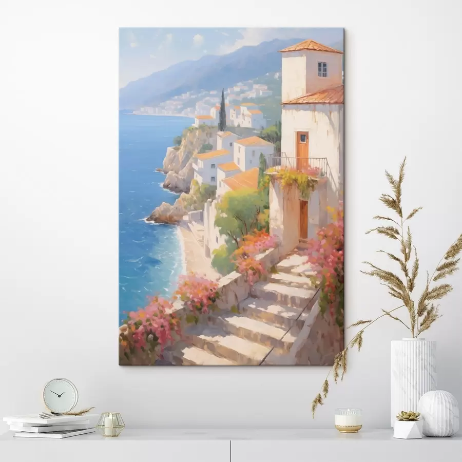  Schilderijen impressionistisch dorpje aan een mediterrane klif s48060