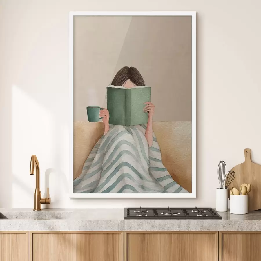 Fotobehang zachte aquarelillustratie van een vrouw die op de bank zit en een boek leest f48114