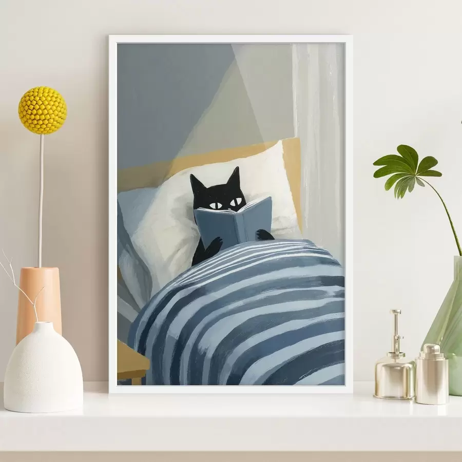 Fotobehang Minimalistische platte illustratie van een zwarte kat die een boek leest in bed. f48117