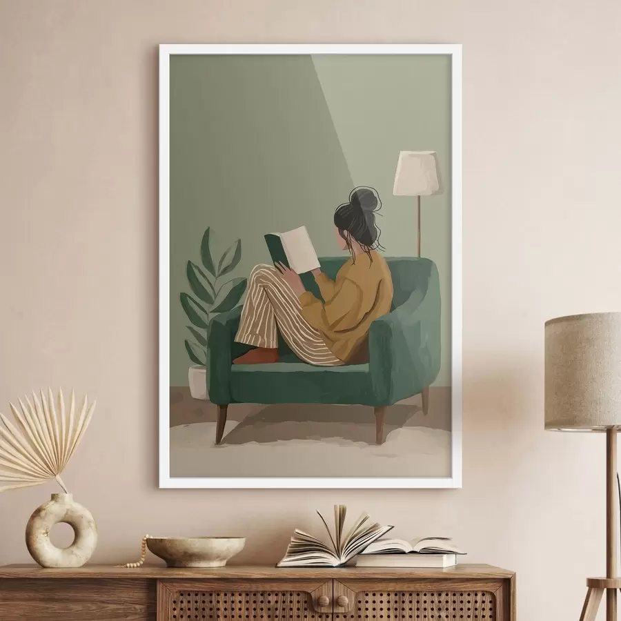 Fotobehang Minimalistische, gezellige illustratie van een vrouw die in een fauteuil zit te lezen. f48118