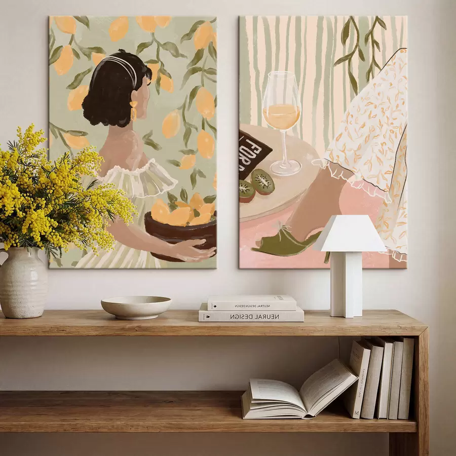  Schilderijen Vrouw met citroenen en tafel met glas m30104