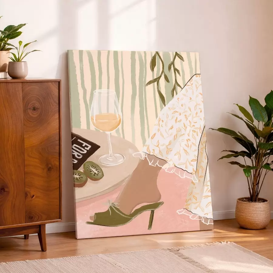  Schilderijen Tafel met wijnglas en kiwi bij jurk s48021